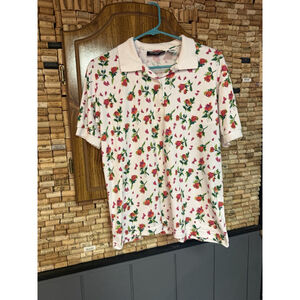 Vintage Liz Thomas Floral Rose Cotton Blend Polo Shirt Size Large Cottagecore